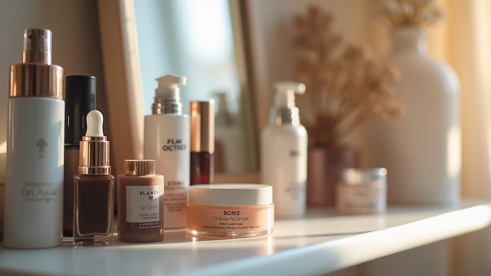 Eye-level view of a makeup station with brow care products