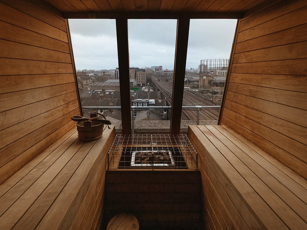 Rooftop Saunas in Hackney with wooden interior and city views, great for heat therapy and a unique detox experience with fresh air.