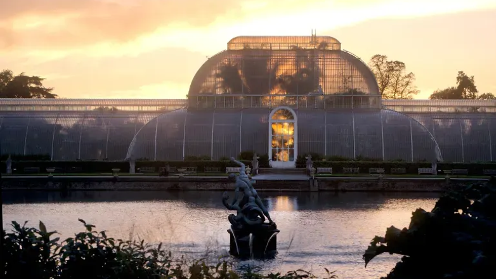 Kew Gardens tropical glasshouse: Kew Gardens with tropical glasshouses and colorful flower beds, a scenic sunny escape with peaceful lawns and seasonal blooms.