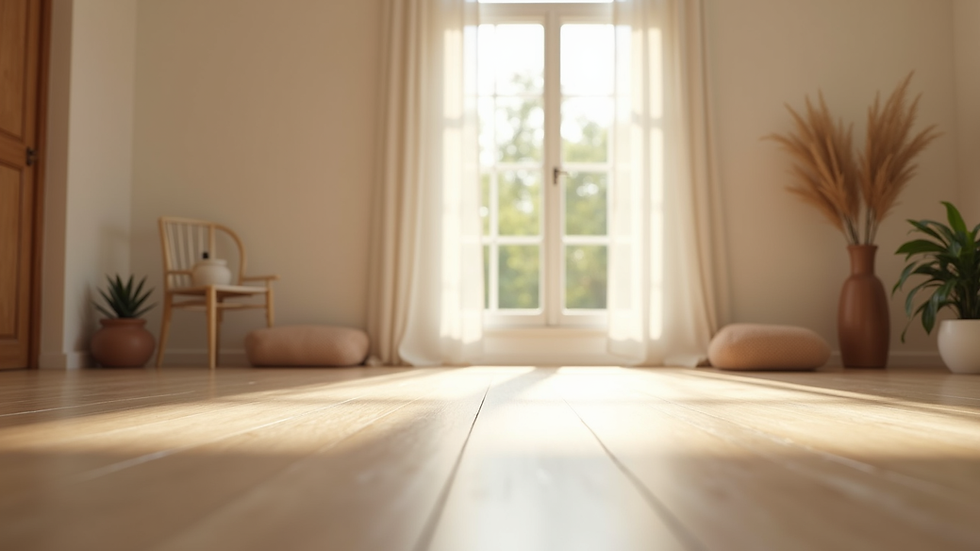 Eye-level view of a serene yoga studio with soft natural light