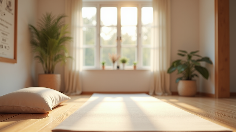 Close-up view of a serene yoga studio with soft natural light and calming decor