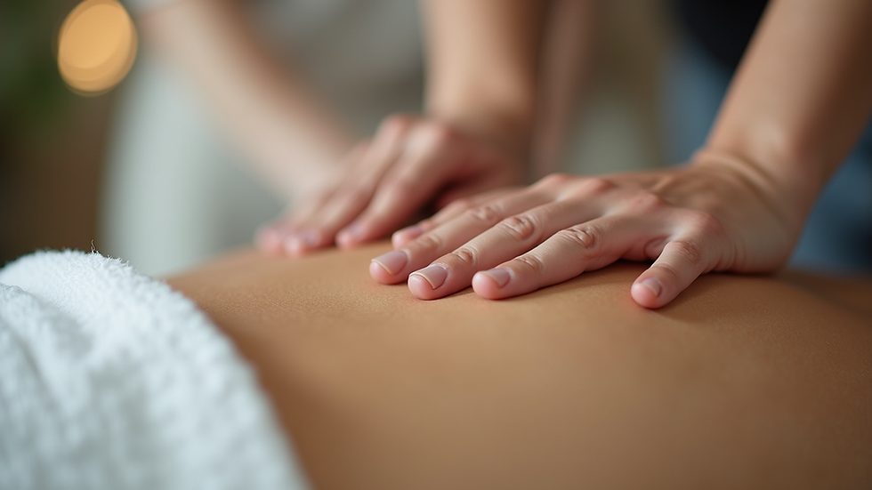 Close-up view of a massage therapist’s hands gently pressing on a client’s shoulder