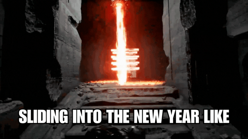A first-person POV GIF sliding under lasers in Luna Abyss with the phrase "Sliding into the new year like"