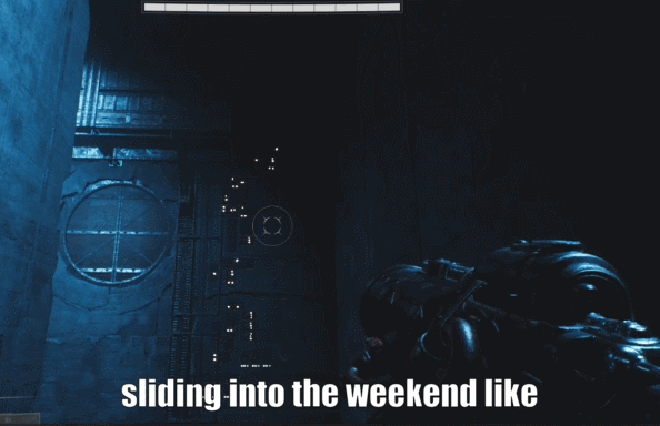 A GIF of a watcher from Luna Abyss sliding into view with the phrase "Sliding into the weekend like"