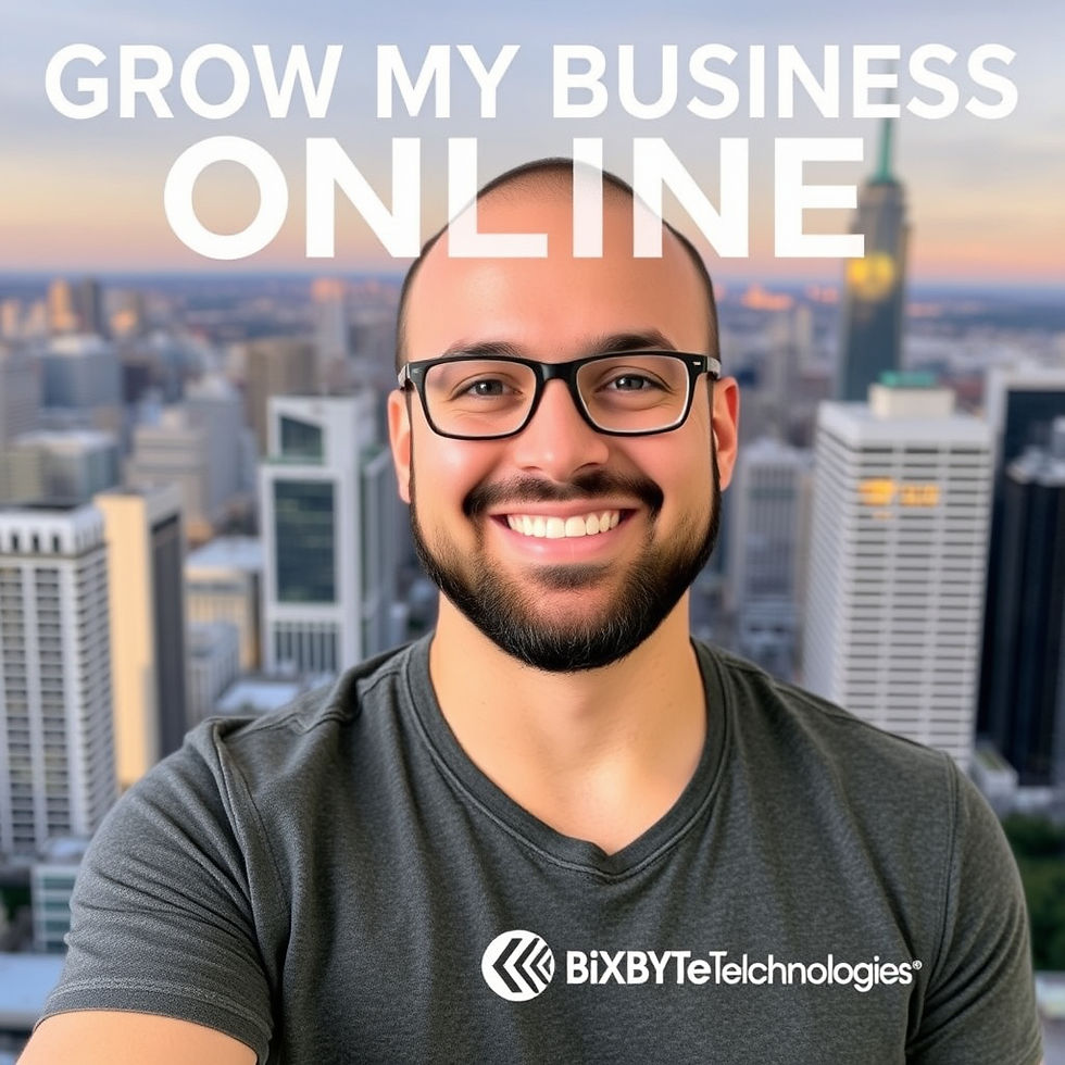 Smiling man in glasses and BiXBYTE Technologies shirt before city skyline, with text GROW MY BUSINESS ONLINE.