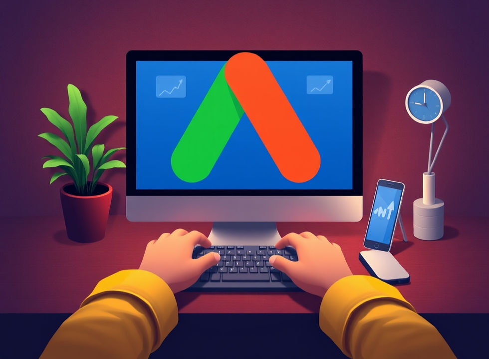 Hands typing at a desktop with a Google Ads-style logo on screen, beside a plant, phone, lamp, and clock on a purple desk.