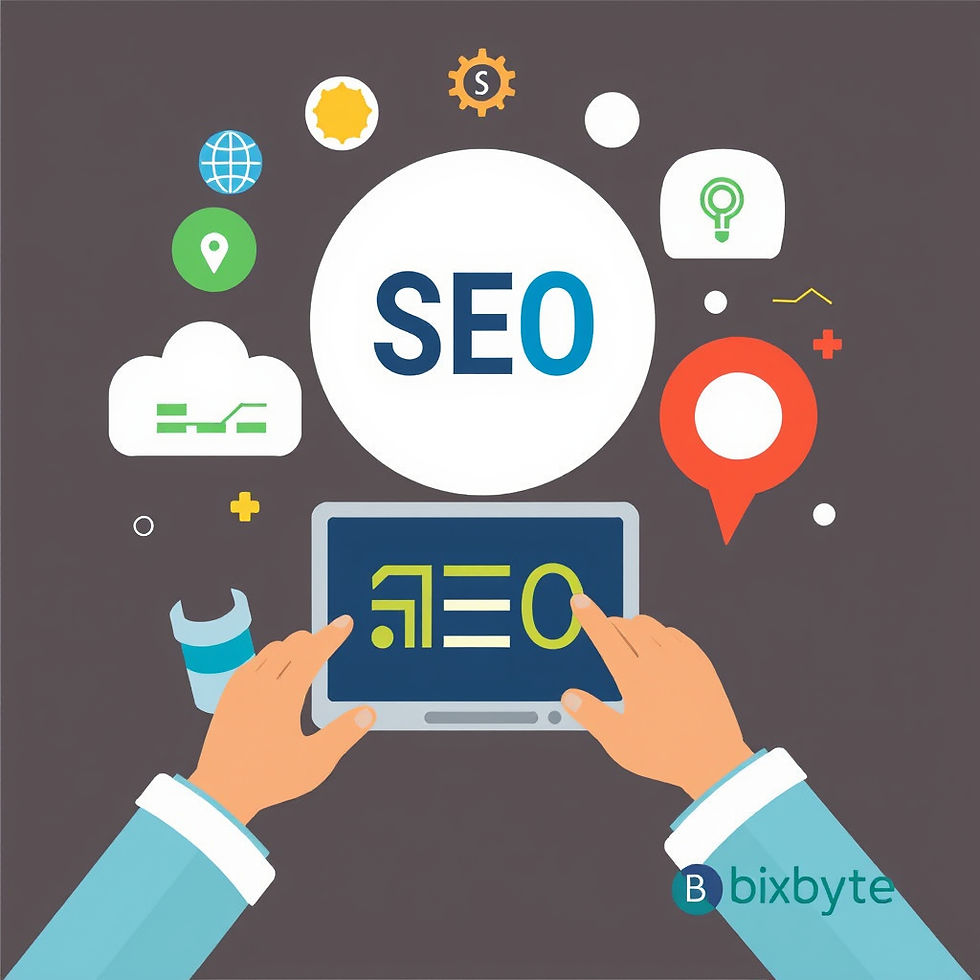 Hands tap a tablet showing SEO, surrounded by marketing icons on a dark background, with bixbyte logo at bottom.