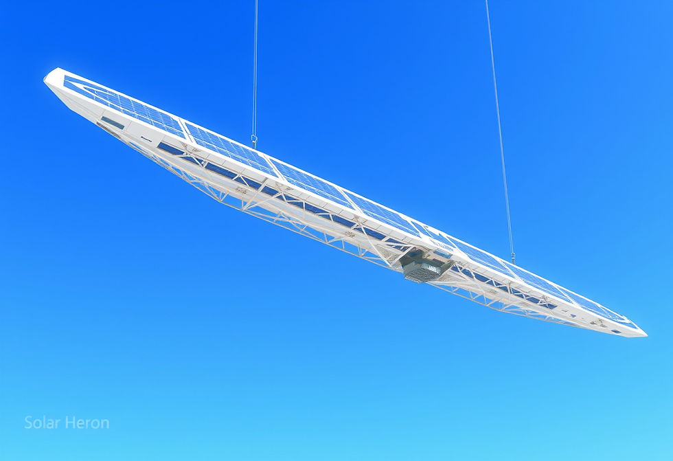Large solar-powered structure suspended against a clear blue sky. "Solar Heron" text visible in the corner. Modern and technological.