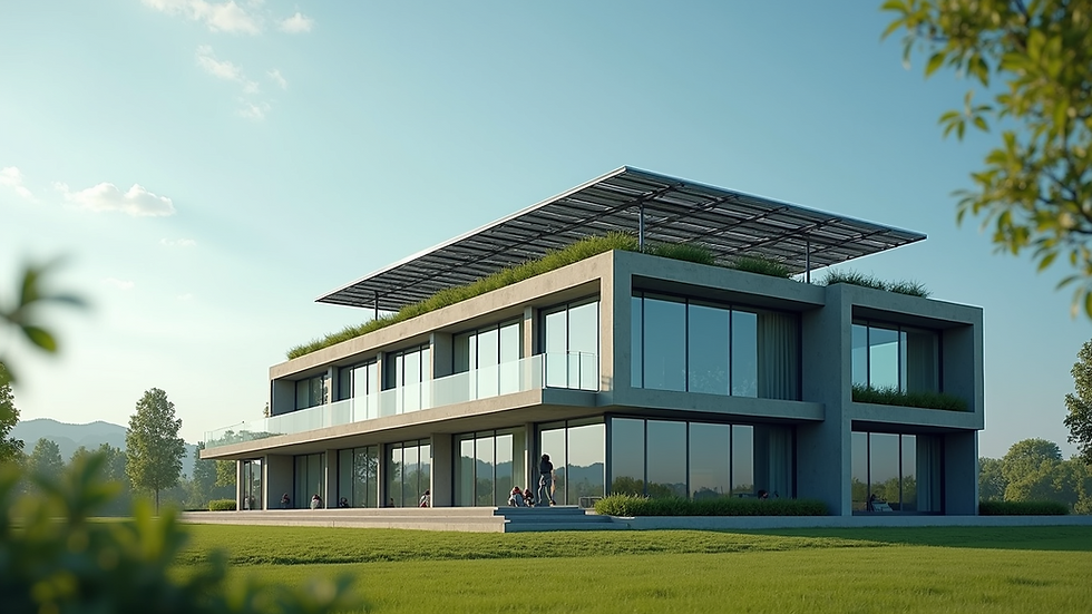 Eye-level view of a modern building with green roof and solar panels