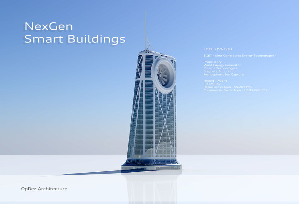 Lotus futuristic smart building concept with layered, lotus-like geometry.
