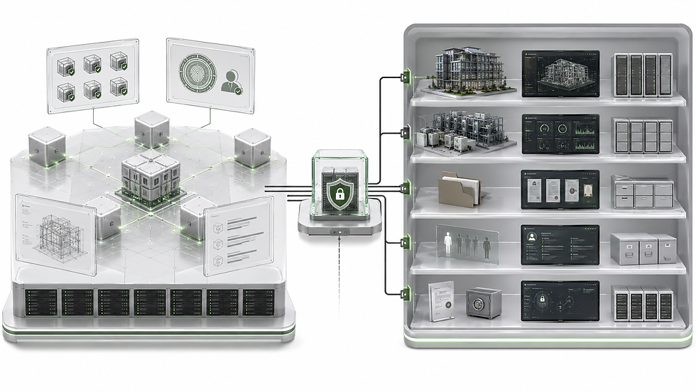 Split architecture separating public blockchain records from protected off-chain building and customer data.