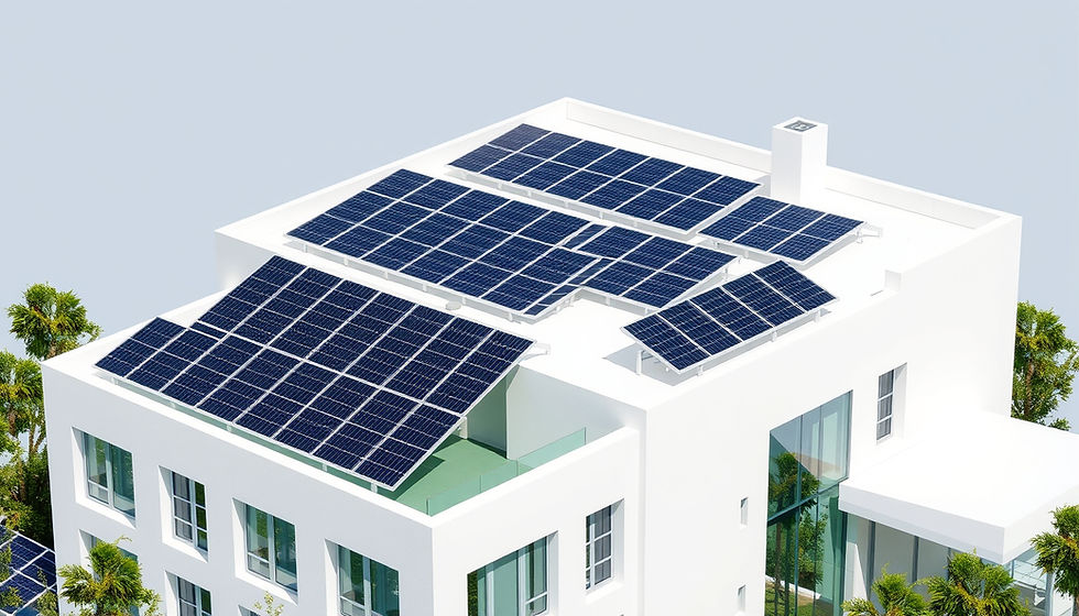 Eye-level view of a modern building with solar panels on the roof
