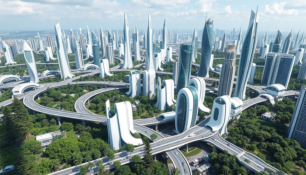 Wide angle view of a futuristic cityscape with smart buildings and green spaces