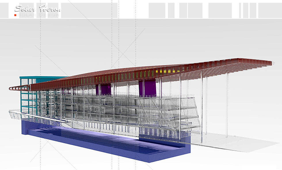 Architectural design rendering showing a modern, glass structure with a red roof and purple accents.