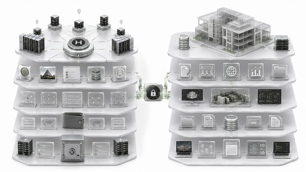Hybrid Web3 architecture showing public on-chain records and protected off-chain content.