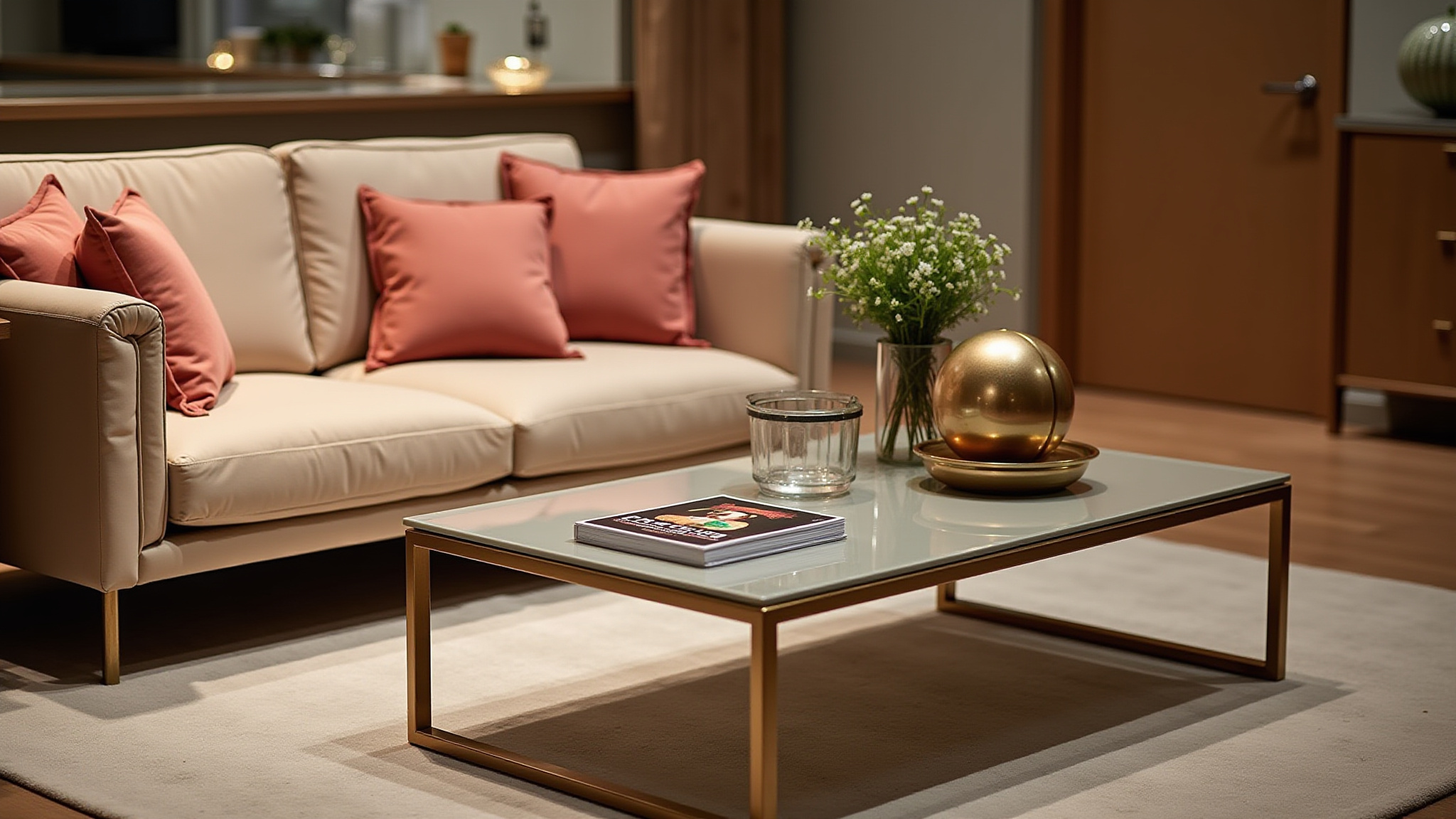 Beige sofa with coral pillows, coffee table, and decor