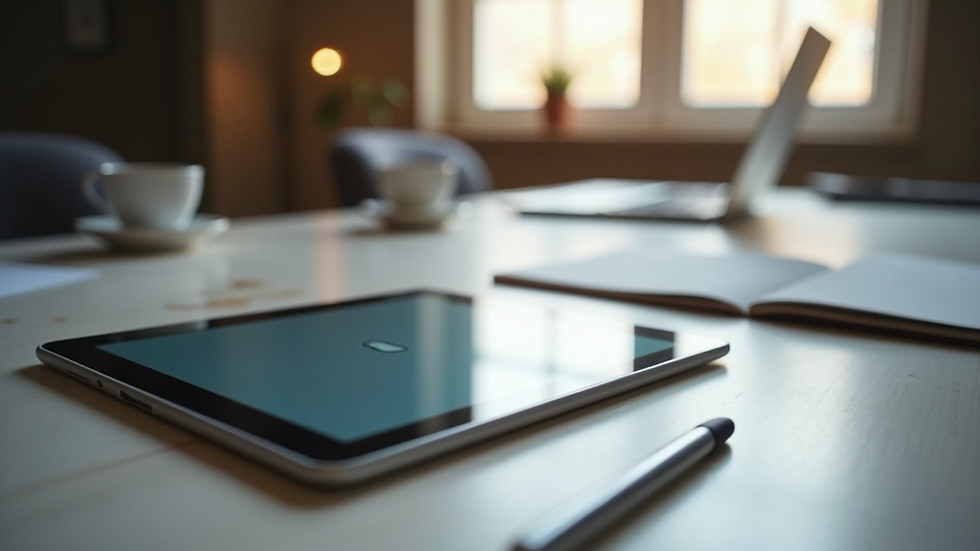 Eye-level view of a creative workspace with a digital tablet and notes