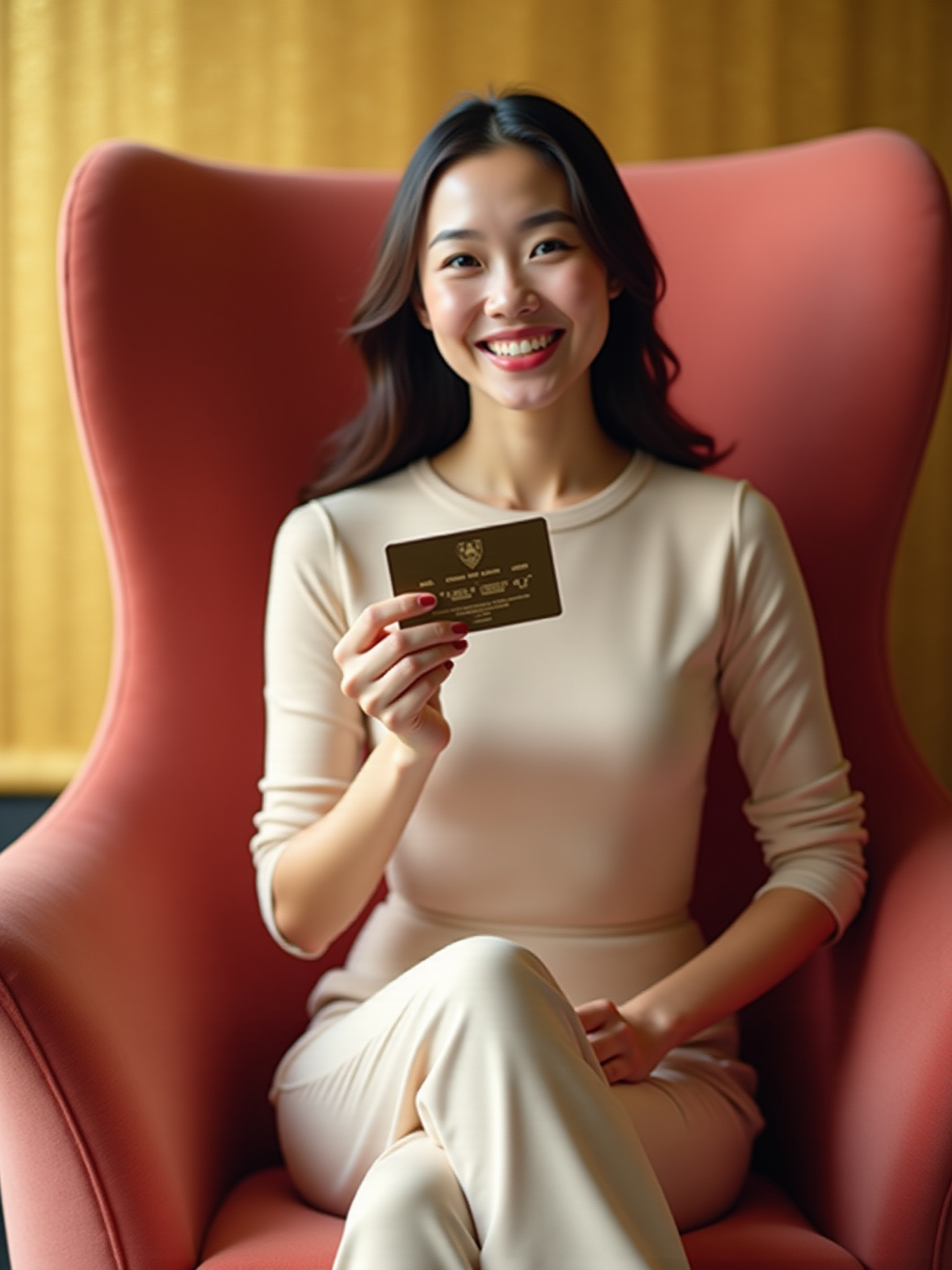 Smiling woman holding exclusive membership card