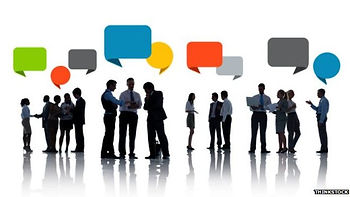 graphic of people standing talking with coloured speaking boxes