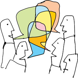 graphic of people talking together with multiple coloured speech bubbles