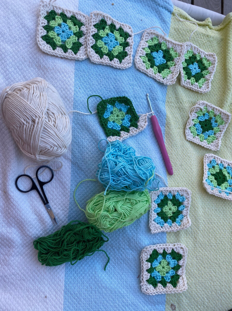 Thumbnail: Bohemian crochet tote bag, green/turquoise
