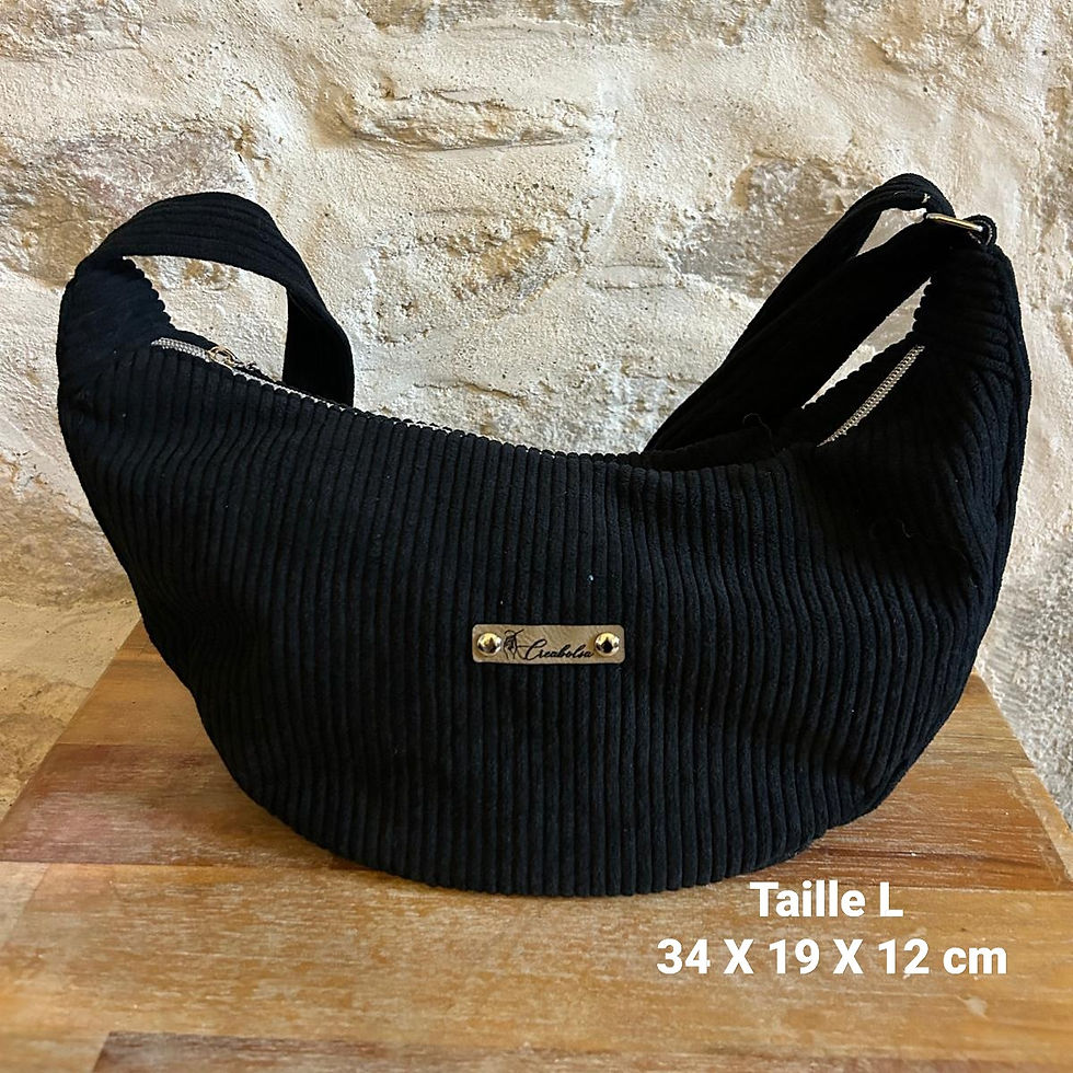 Thumbnail: Sac demi-lune fait main velours côtelé NOIR - 3 tailles