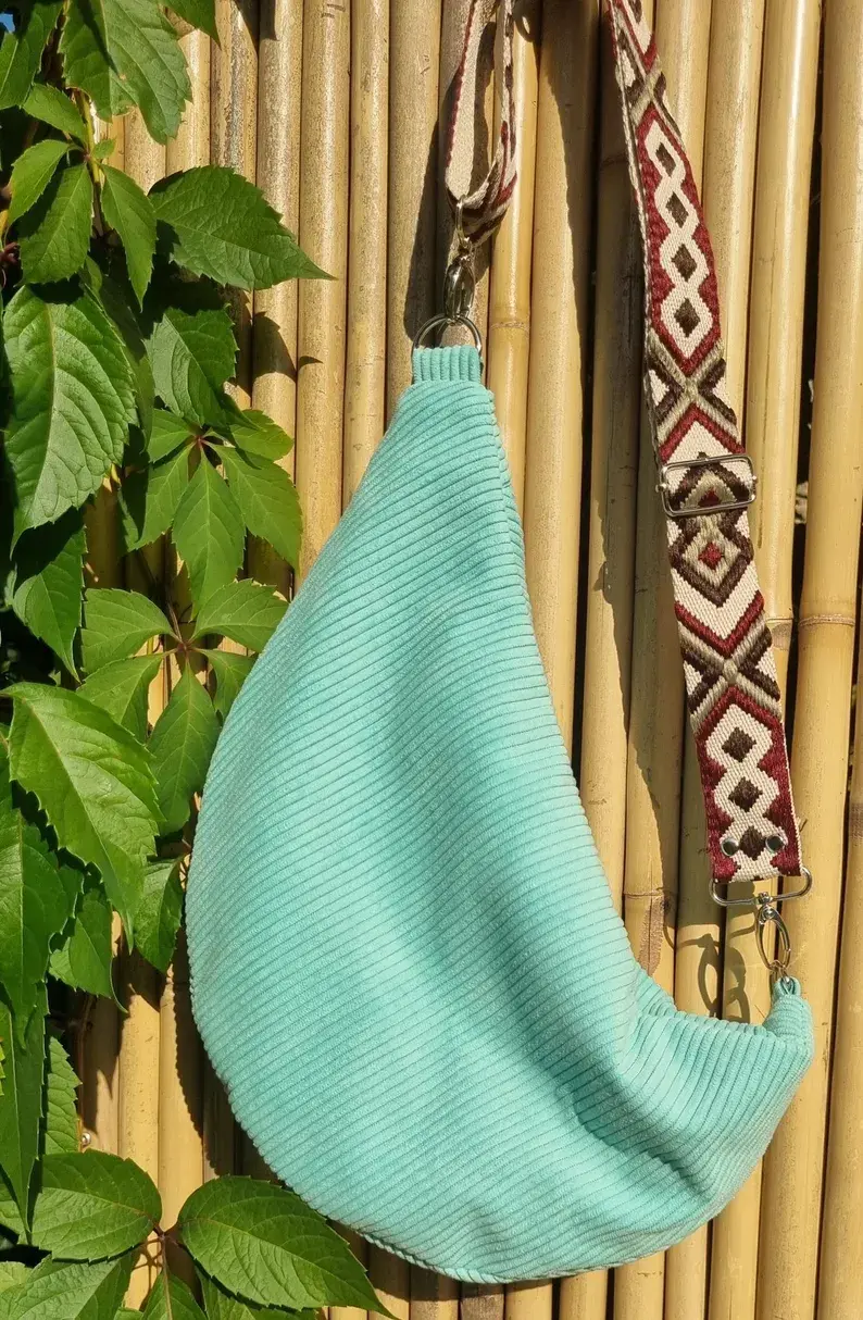 Thumbnail: Light green corduroy fanny pack, size XL, with removable and adjustable strap