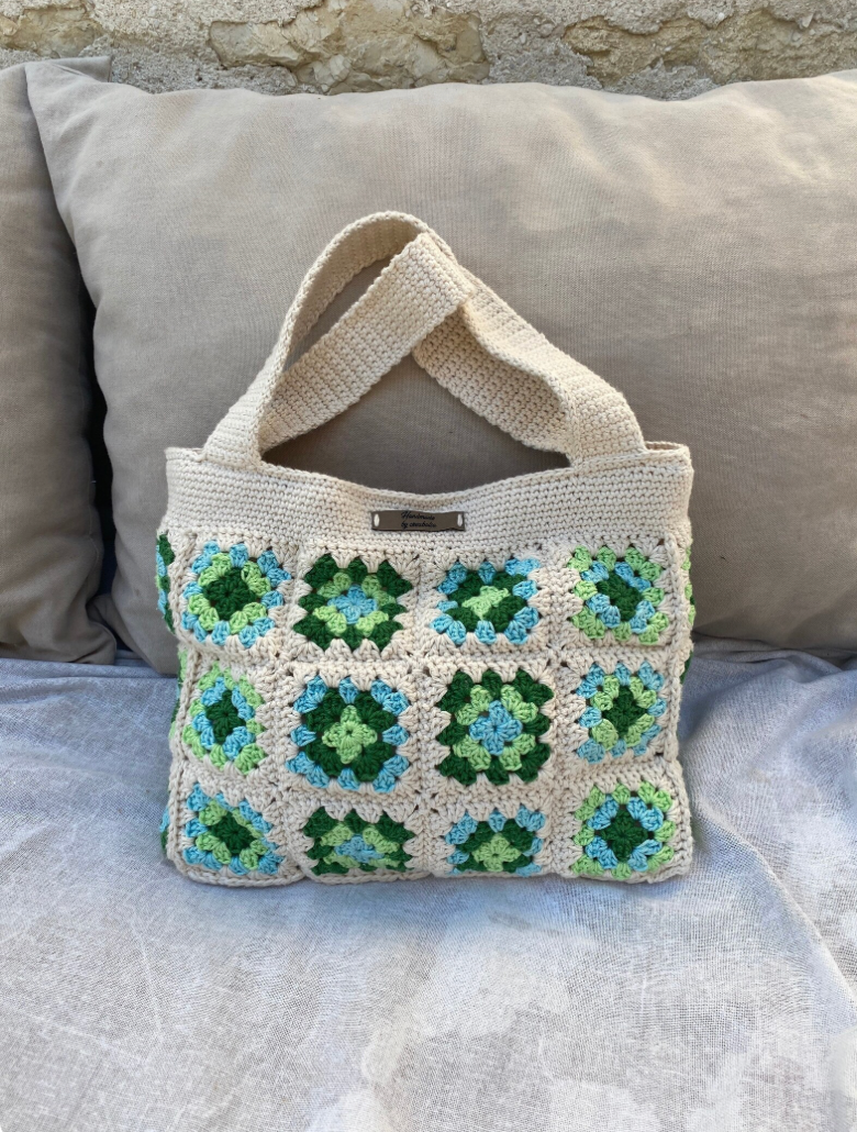 Thumbnail: Bohemian crochet tote bag, green/turquoise