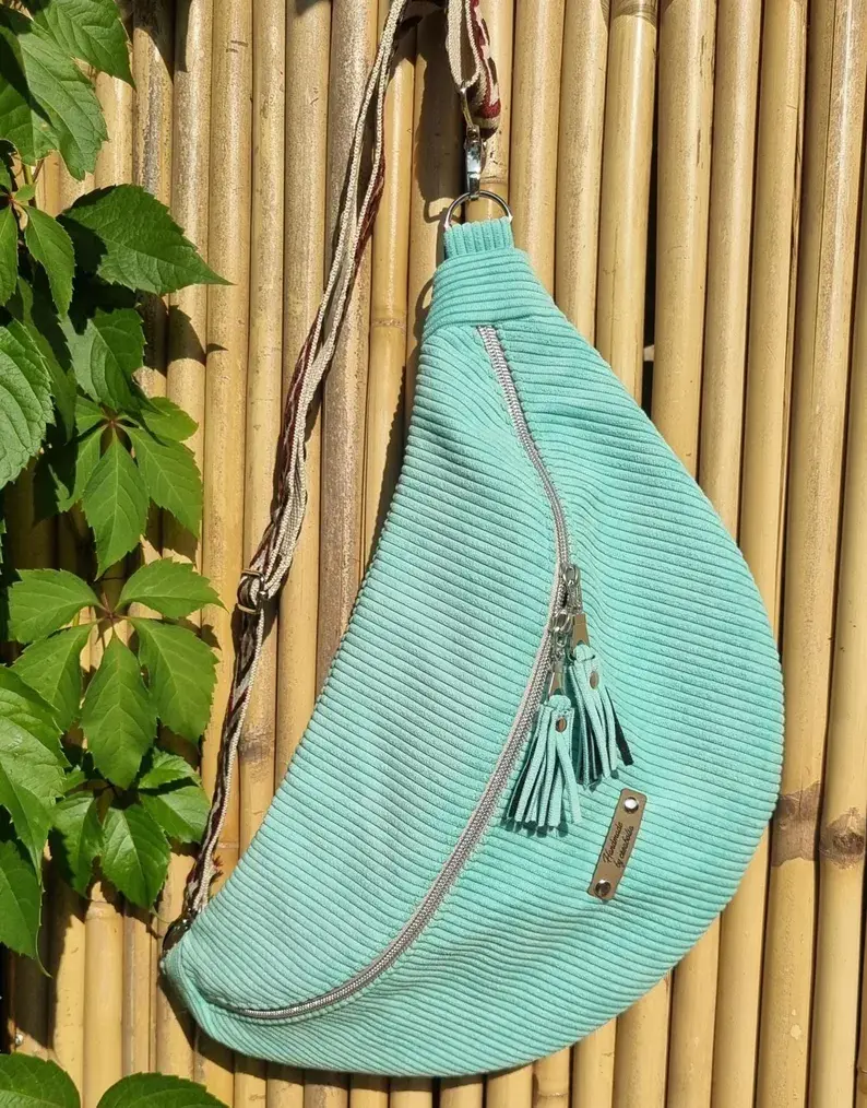 Thumbnail: Light green corduroy fanny pack, size XL, with removable and adjustable strap