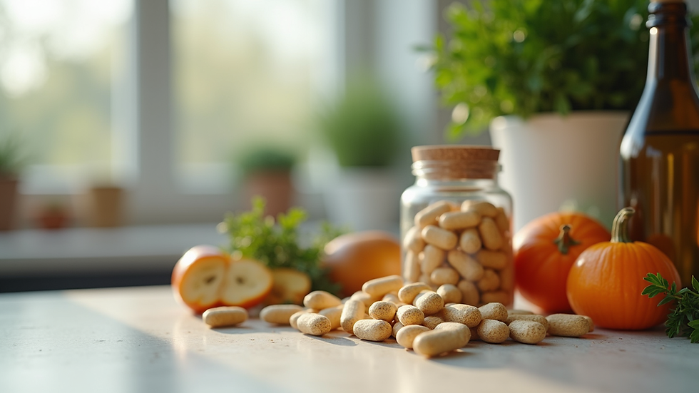 Close-up view of a modern kitchen with health supplements and fresh ingredients