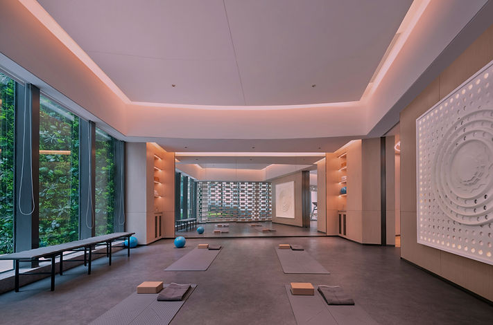 Modern yoga studio with large windows an