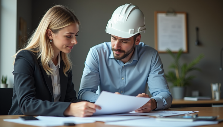 Eye-level view of a health and safety consultant reviewing workplace safety documents with a business owner