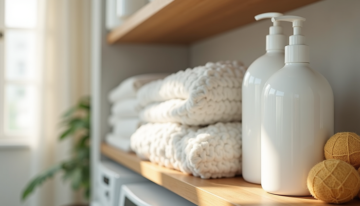 Eye-level view of eco-friendly laundry products including detergent and dryer balls on a wooden shelf