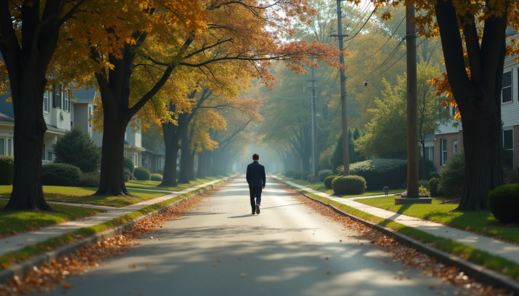 Eye-level view of a person walking on a tree-lined neighborhood street