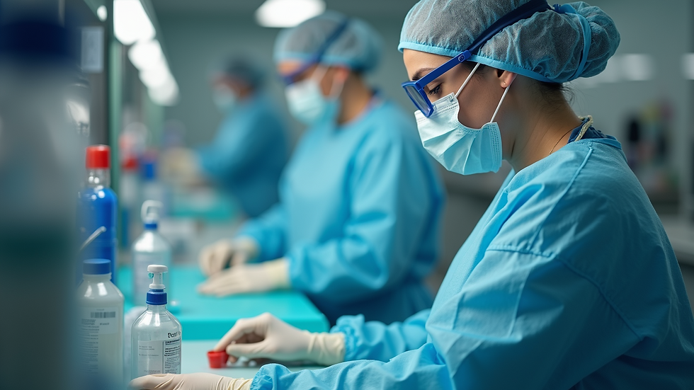 Close-up view of a medical professional wearing PPE while preparing medical supplies