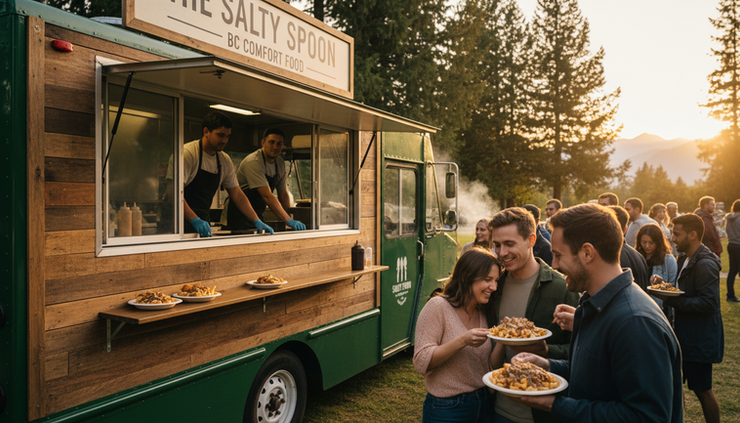 Wide-angle view of a savoury food truck serving guests at an outdoor Lower Mainland event