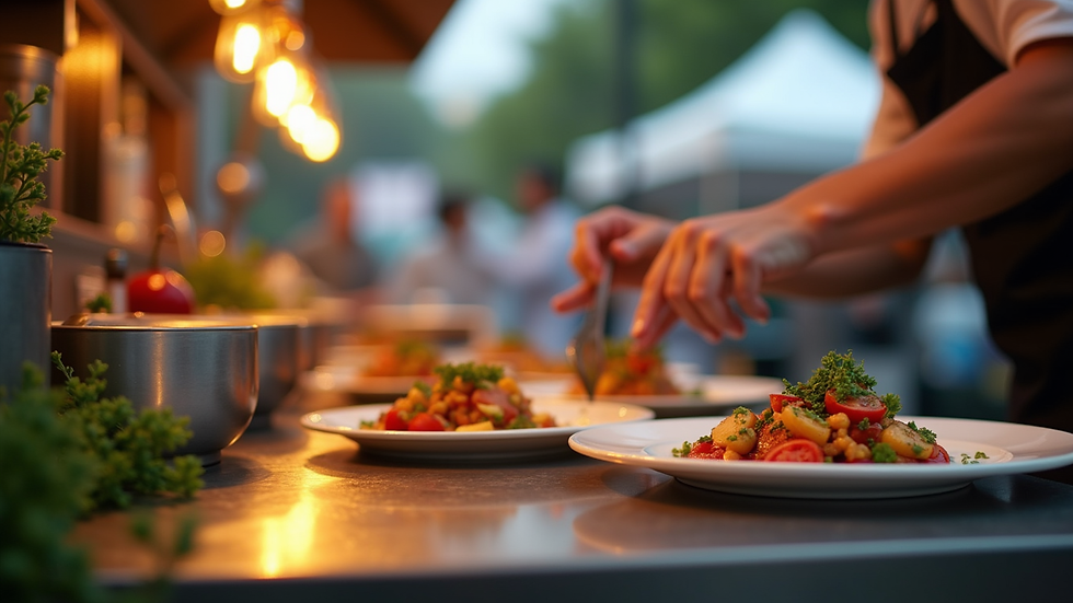 Close-up view of a food truck chef preparing gourmet dishes at an outdoor event