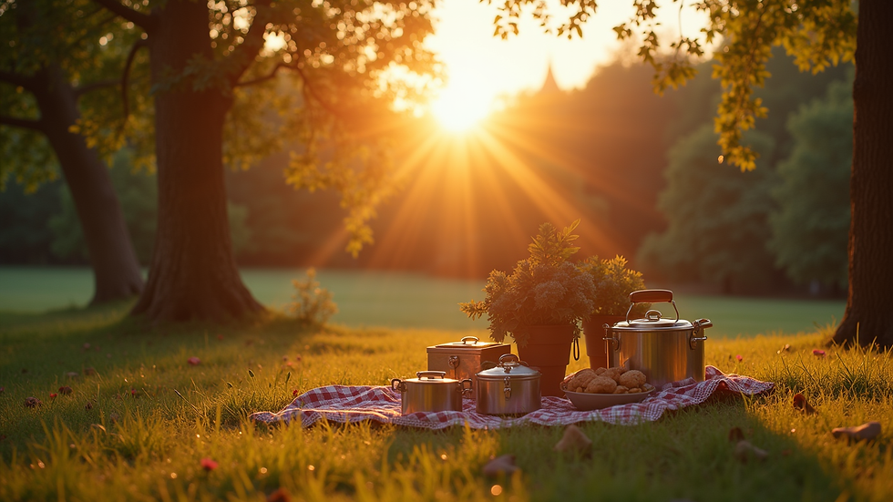 Wide angle view of a picnic setup at a park with a sunset in the background