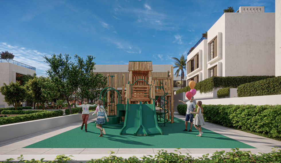 view of the playground with the background being the sport facility and yoga areas, designed by Köken Design Studio in Kyrenia, Cyprus