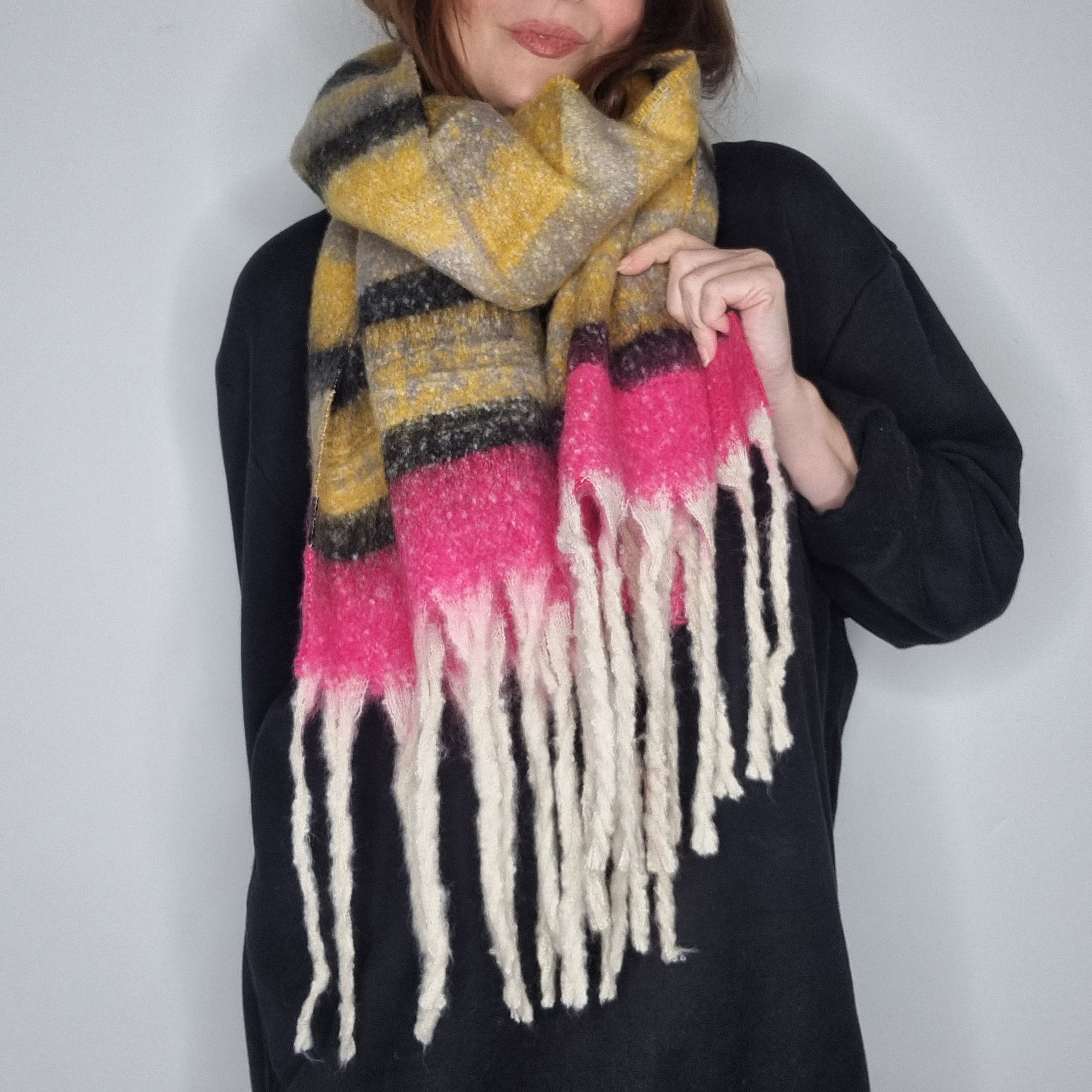 Soft, chunky, cashmere blend tassel scarf in yellow, pink, black and grey