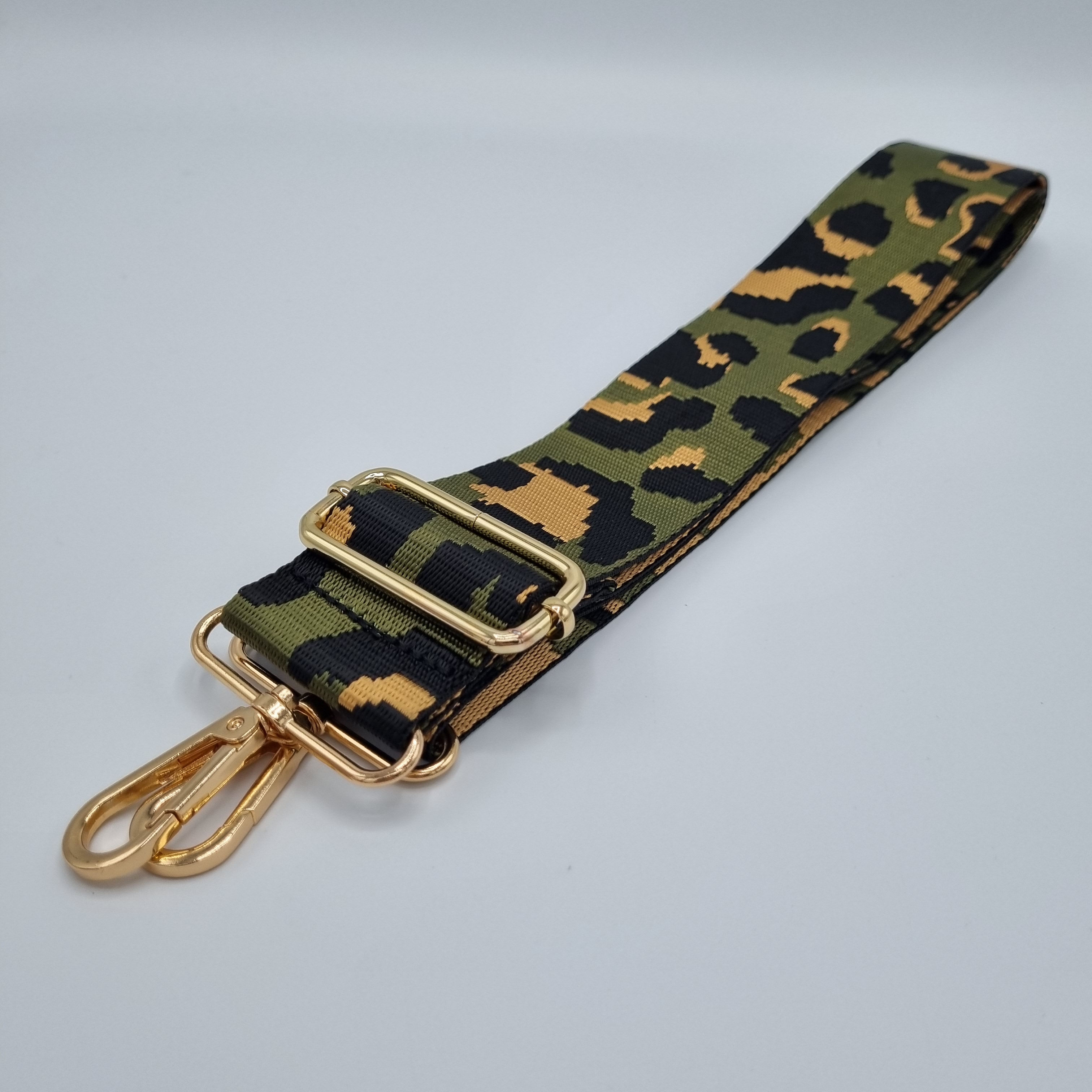 Green, gold and black leopard print detachable cross body strap