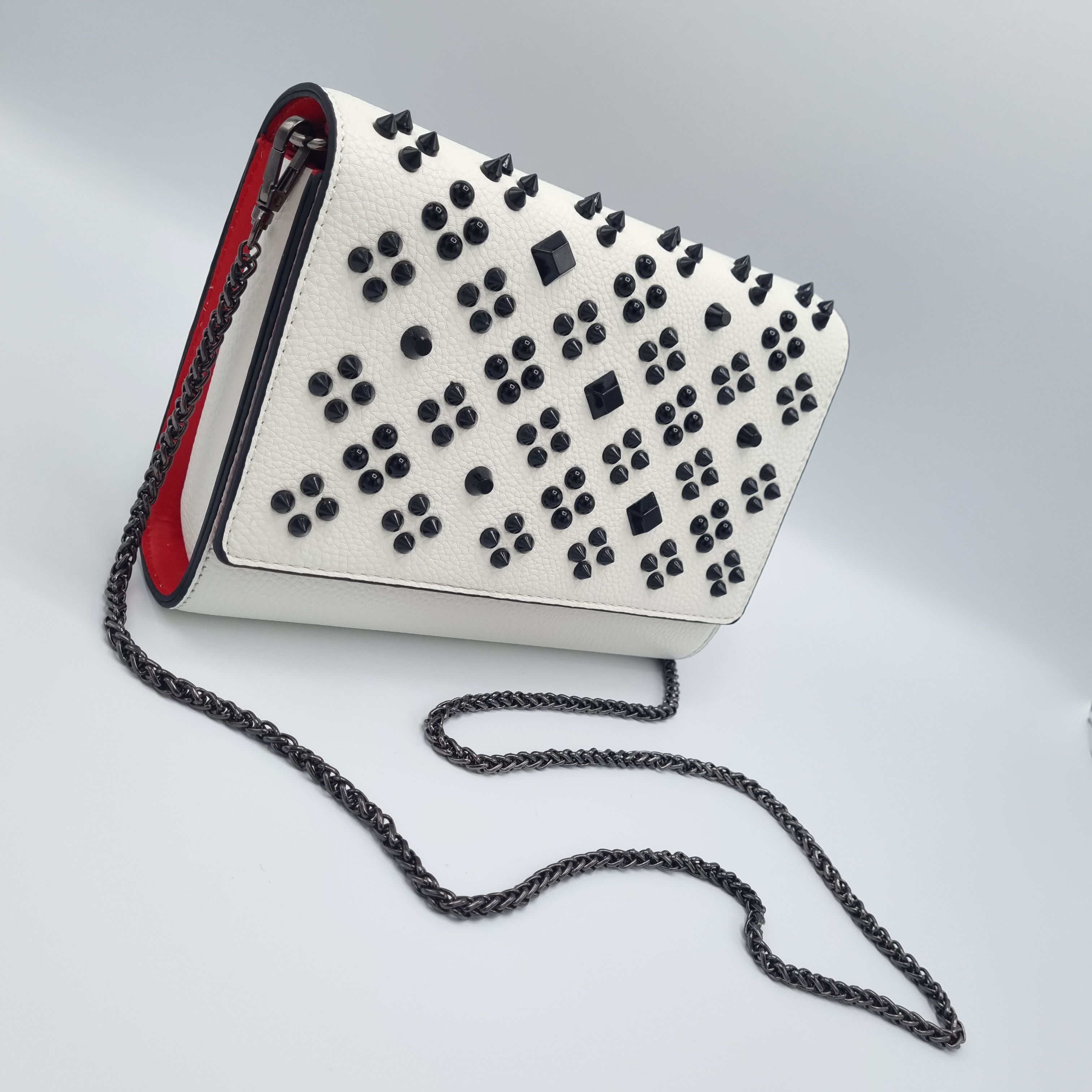 Cream white studded handbag with detachable chain strap