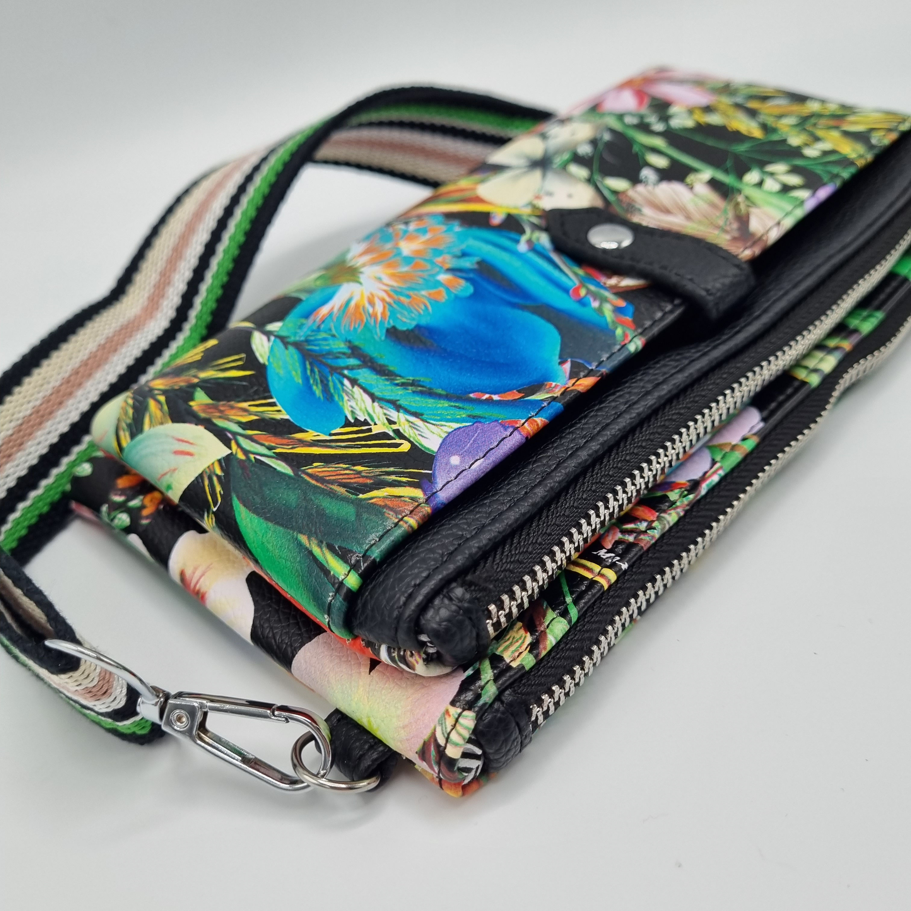 Floral and butterfly purse in black with detachable strap