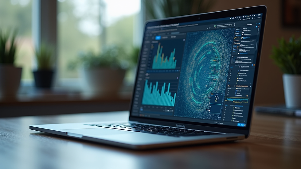 Eye-level view of a modern workspace with a laptop displaying a no-code AI platform