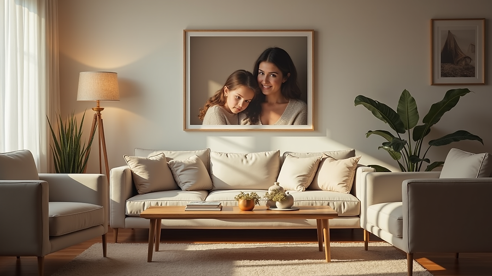 Eye-level view of a cozy living room with a family photo on the wall