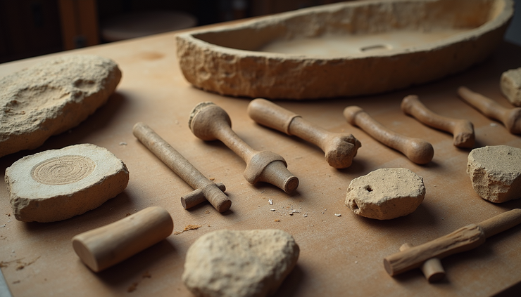 High angle view of archaeological remains of ancient watercraft tools