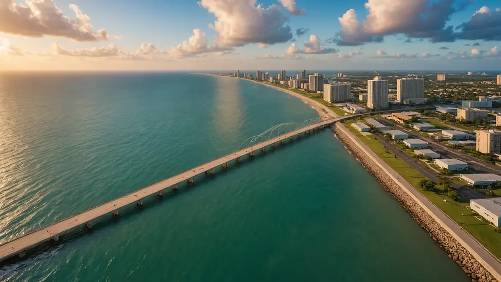 Wide angle view of reinforced coastal infrastructure designed for hurricane protection