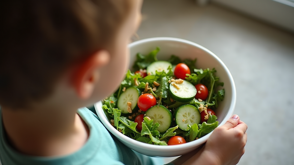 High angle view of a child holding a bowl of salad