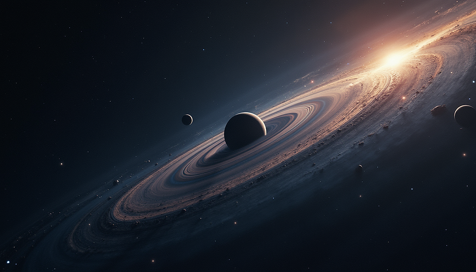 High angle view of a star system with planets orbiting in an unusual sequence