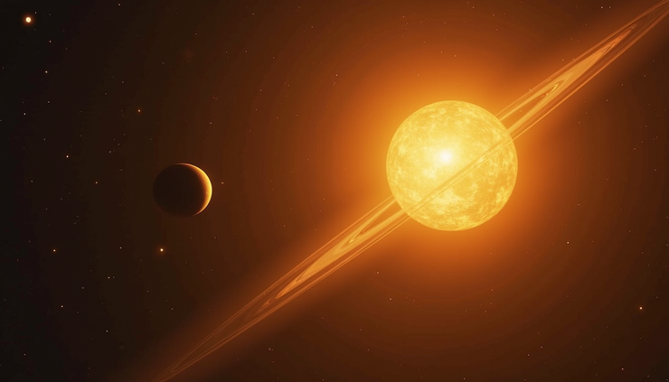 High angle view of a star system with a lemon-shaped exoplanet orbiting closely